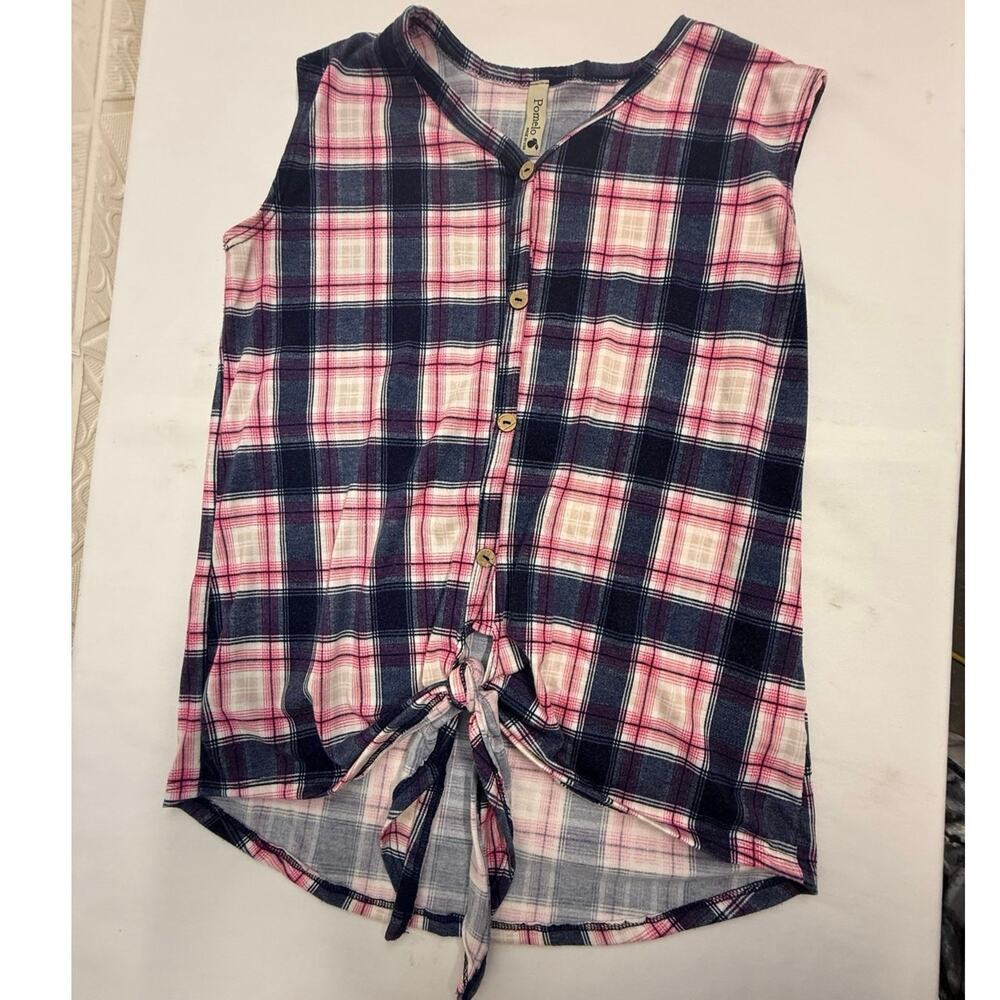 SKU3136 Vintage Pomelo USA Women's Large Plaid Sleeveless Front-Tie Blouse
